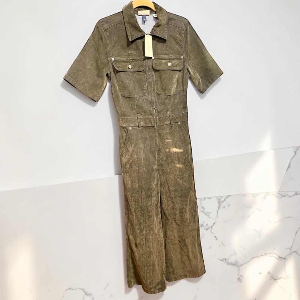 New Women’s Olive Short-Sleeve Flocked Wide-Leg Denim Jumpsuit Painter Style - Picture 2 of 11